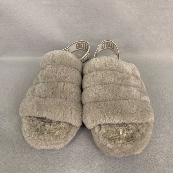 UGG Fluff Yeah Slide Sandals Size 8 Gray Shearling Fuzzy Slippers Cozy Comfort - Picture 2 of 5